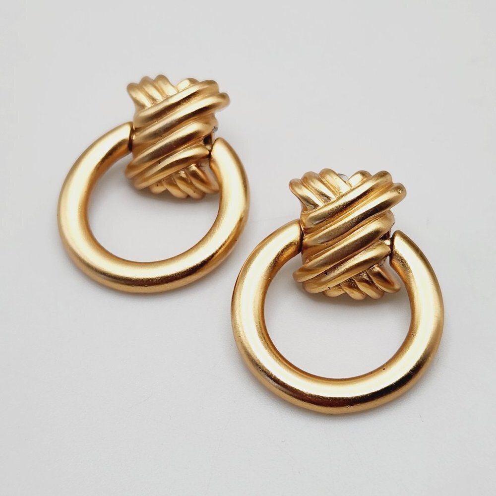 Vintage Doorknocker Matte Gold Tone Textured Hoop Stud Earrings